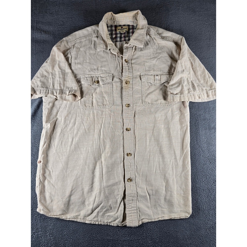 Woolrich Mens XL Short Sleeve Button Down Utility Safari Shirt Tan Beige Cotton